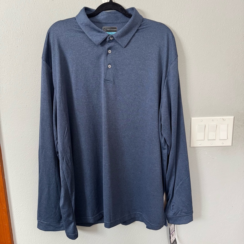 Men’s PGA Tour Long Sleeve Polo NWT Navy Blue Moisture Wicking Size XXL